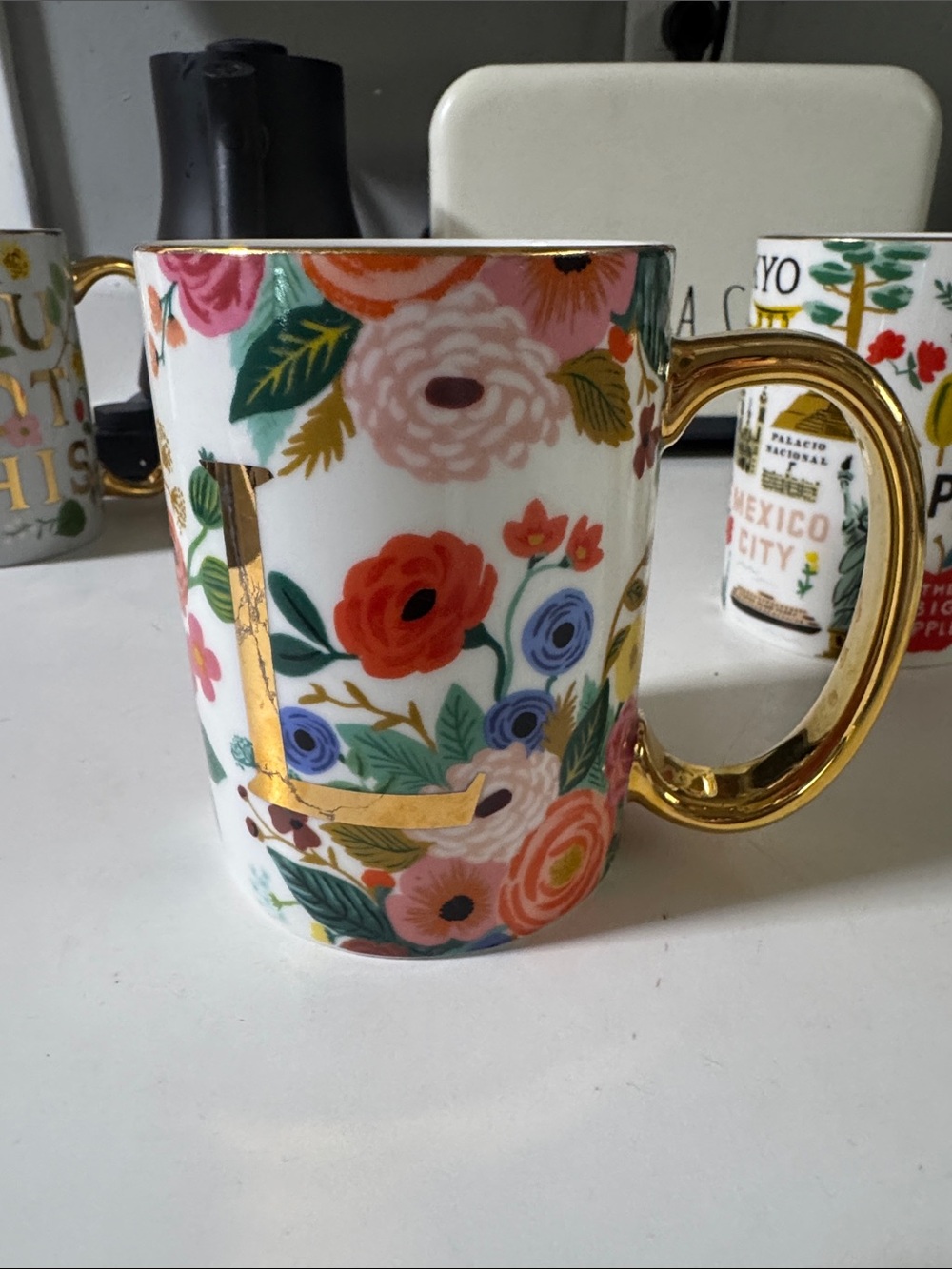 Rifle Paper Co. Floral L Gold-Handle Mug — White with Multicolor Flowers